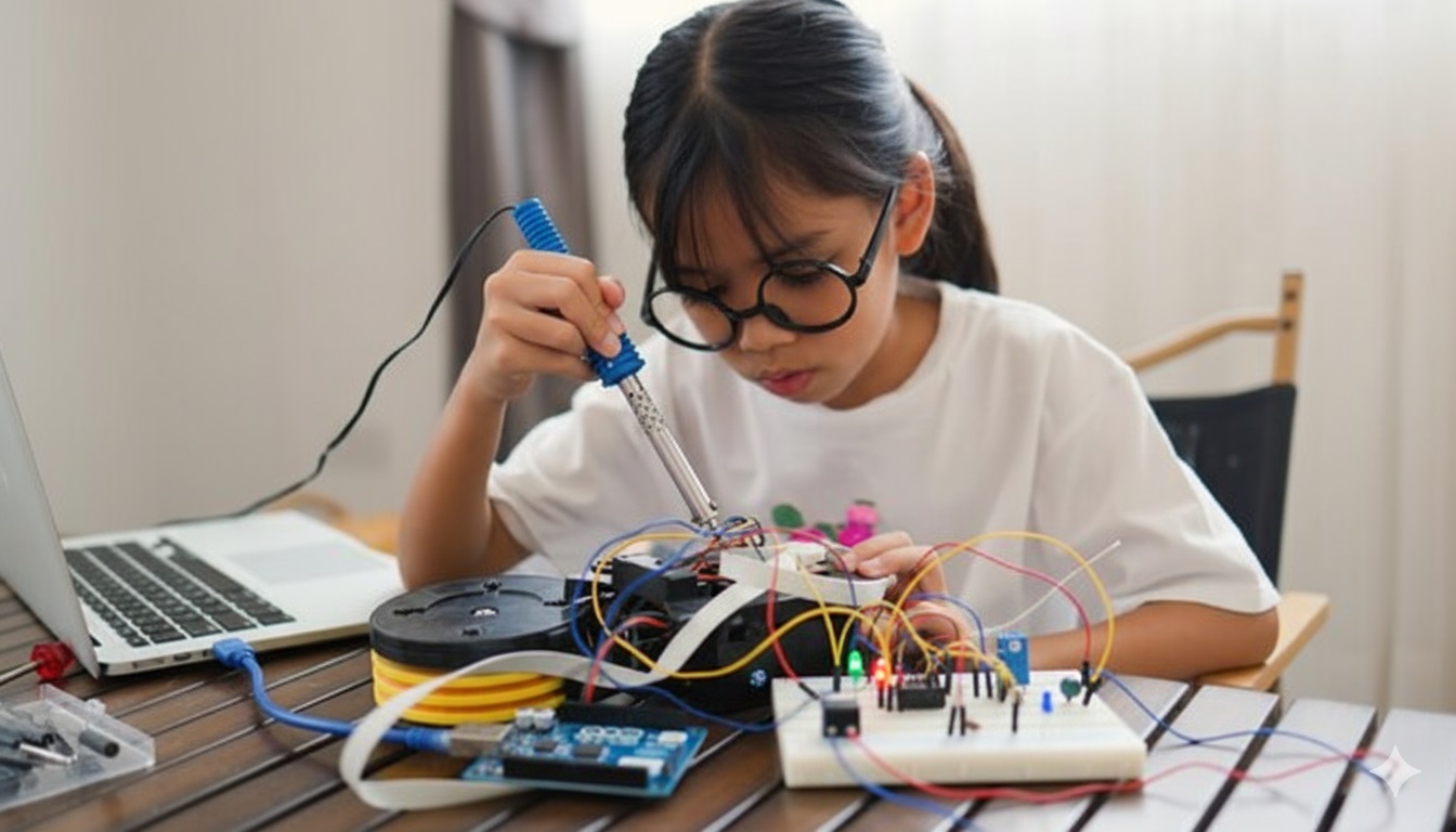 Photo: Student coding with Arduino board connected to sensors