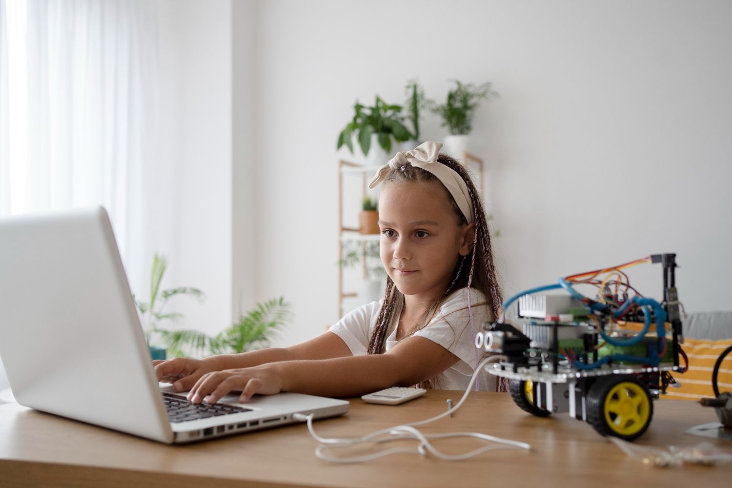 Photo: Student coding on a laptop while an Arduino lights up