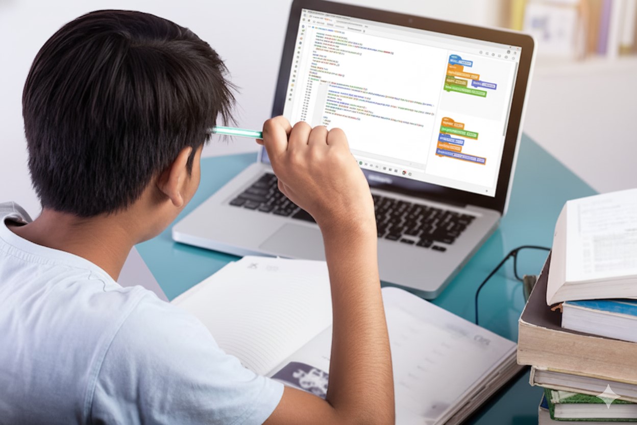 Photo: Student following coding instructions on screen